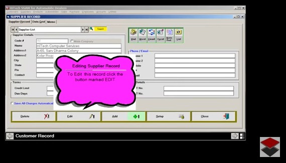 HiTech SSAM for Automobile Dealers (Accounting Software), Business Management and Accounting Software for automobile dealers, service stations. Modules :Customers, Suppliers, Products, Automobiles, Sales, Purchase, Accounts & Utilities. Free Trial Download.
