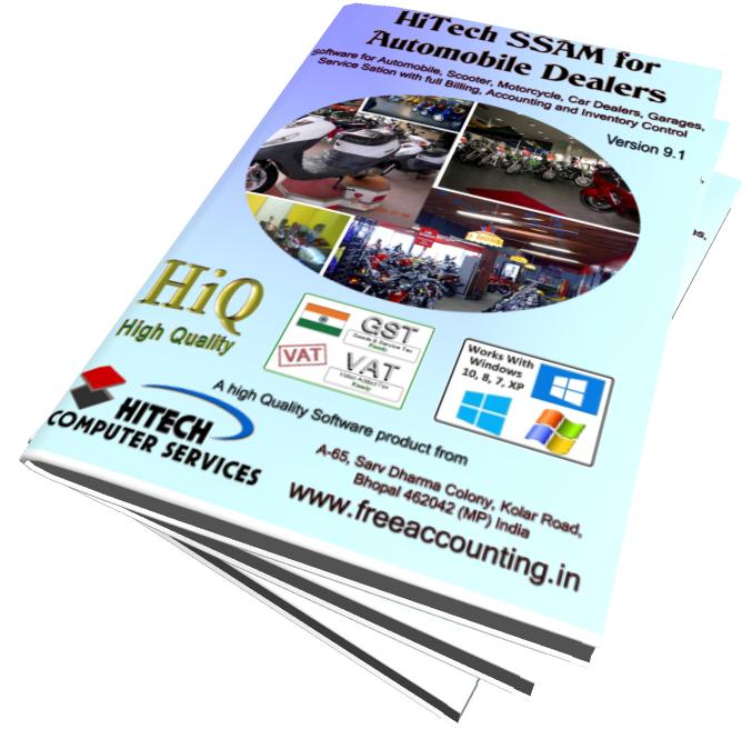 Billing, Inventory control Accounting Software, Software for automobile dealers, two wheelers dealers, service stations. Modules :Customers, Suppliers, Products, Automobiles, Sales, Purchase, Accounts & Utilities. Free Trial Download.